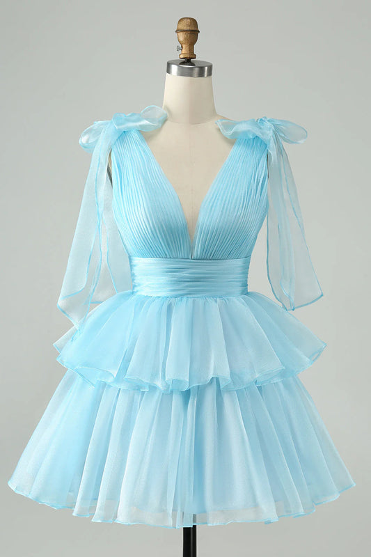 AABEI DRESS For Women Short Prom Dress Sky Blue A Line V Neck Pleated Top Tiered Ruched Backless Cute Dress Affordable Hot Sale Homecoming Dress
