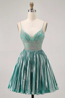 AABEI DRESS For Women Short Prom Dress Sparkly A Line V Neck Spaghetti Strap Backless With Beading Pleated Dress Affordable Hot Sale Homecoming Dress