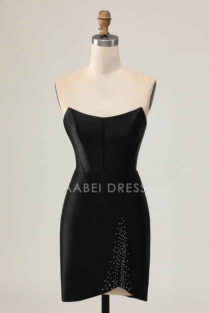 AABEI DRESS For Women Short Prom Dress Sparkly Black Sheath Strapless Low-Cut With Beading Backless Keyhole Chic Dress Affordable Hot Sale Homecoming Dress