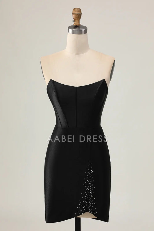 AABEI DRESS For Women Short Prom Dress Sparkly Black Sheath Strapless Low-Cut With Beading Backless Keyhole Chic Dress Affordable Hot Sale Homecoming Dress