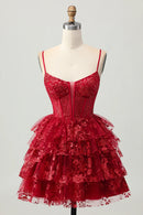 AABEI DRESS For Women Short Prom Dress Sparkly Burgundy A Line Low-Cut Tiered Ruched Lace Applique Backless Exquisite Dress Affordable Hot Sale Homecoming Dress