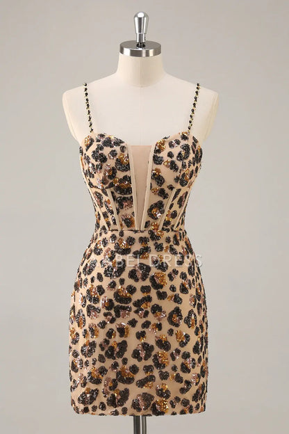 AABEI DRESS For Women Short Prom Dress Sparkly Leopard Sequin Sheath Spaghetti Strap Sweetheart Neckline Backless Sexy Dress Affordable Hot Sale Homecoming Dress