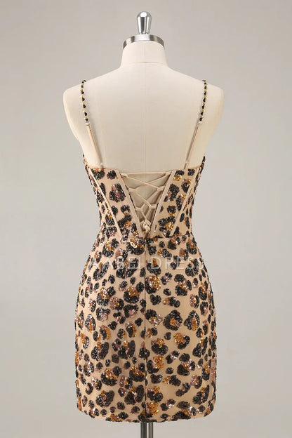 AABEI DRESS For Women Short Prom Dress Sparkly Leopard Sequin Sheath Spaghetti Strap Sweetheart Neckline Backless Sexy Dress Affordable Hot Sale Homecoming Dress