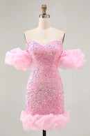 AABEI DRESS For Women Short Prom Dress Sparkly Pink Sheath Strapless Sweetheart Neckline Puff Sleeves Sequins Chic Dress Affordable Hot Sale Homecoming Dress
