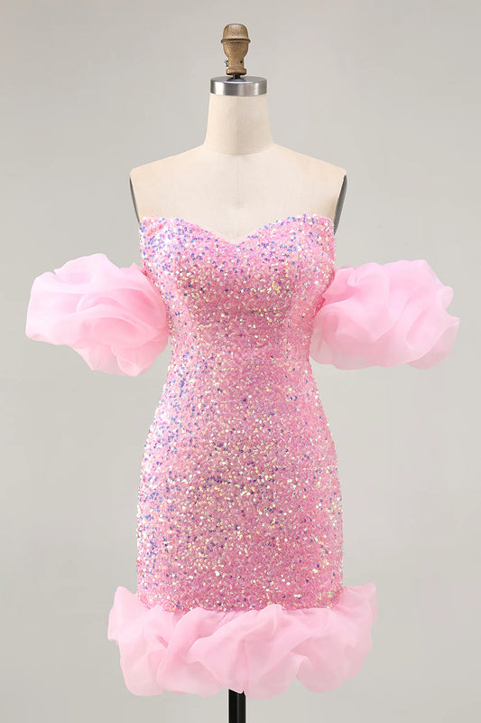 AABEI DRESS For Women Short Prom Dress Sparkly Pink Sheath Strapless Sweetheart Neckline Puff Sleeves Sequins Chic Dress Affordable Hot Sale Homecoming Dress