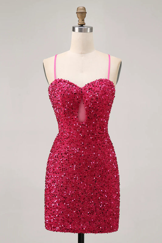 AABEI DRESS For Women Short Prom Dress Sparkly Sequin Sheath Spaghetti Straps Sweetheart Neckline Keyhole Backless Exquisite Dress Affordable Hot Sale Homecoming Dress
