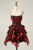 AABEI DRESS For Women Short Prom Dress Unique Black Red A Line Spaghetti Strap Pleated Corset With Layering Ruffles Retro Dress Affordable Hot Sale Homecoming Dress