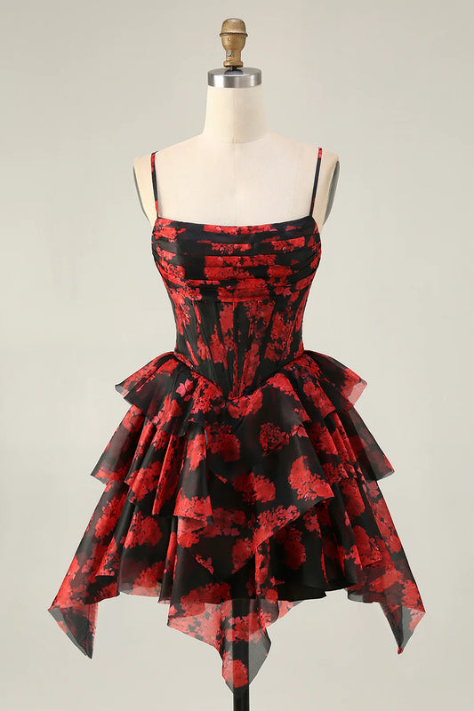 AABEI DRESS For Women Short Prom Dress Unique Black Red A Line Spaghetti Strap Pleated Corset With Layering Ruffles Retro Dress Affordable Hot Sale Homecoming Dress