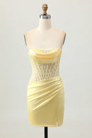 AABEI DRESS For Women Short Prom Dress Yellow Sheath Strapless With Lace Pleated With Slit Backless Exquisite Dress Affordable Hot Sale Homecoming Dress