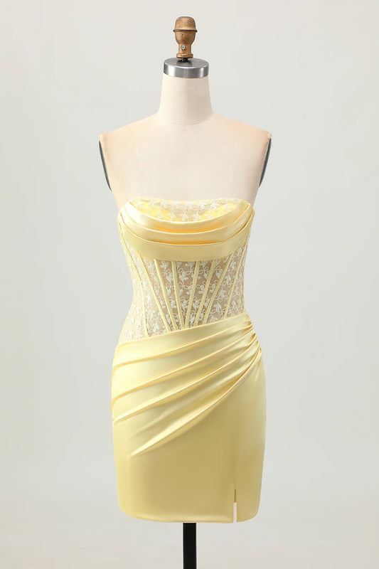 AABEI DRESS For Women Short Prom Dress Yellow Sheath Strapless With Lace Pleated With Slit Backless Exquisite Dress Affordable Hot Sale Homecoming Dress