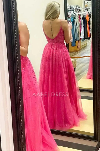 AABEI DRESS Formal Wear Dresses A-Line Spaghetti Strap Deep V Neck Beaded Backless Sparkle Fashion Long Hot Sale Prom Dress