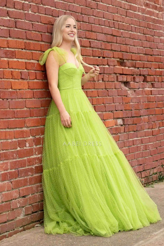 AABEI DRESS Formal Wear Dresses A-Line Straps Swiss Dot Tulle with Bow Tie Backless Fashion Long Hot Sale Prom Dress