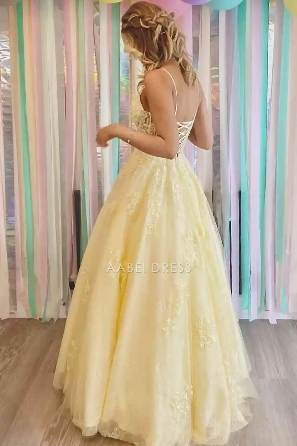 AABEI DRESS Formal Wear Dresses A-Line V-Neck Spaghetti Strap Lace-Up Backless Appliques Exquisite Long Hot Sale Prom Dress