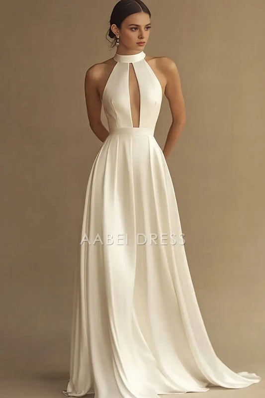 AABEI DRESS Formal Wear Dresses A Line Halter Keyhole Pleated Dinner Dress Long Elegant Wedding Dress