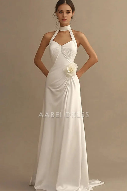 AABEI DRESS Formal Wear Dresses A Line Halter Pleated Dinner Dress With 3D Flower Fashion Long Wedding Dress