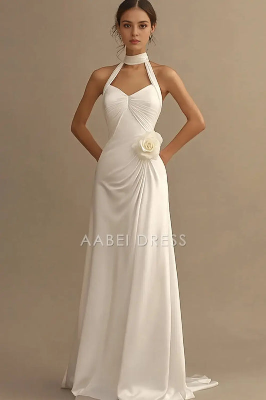 AABEI DRESS Formal Wear Dresses A Line Halter Pleated Dinner Dress With 3D Flower Fashion Long Wedding Dress