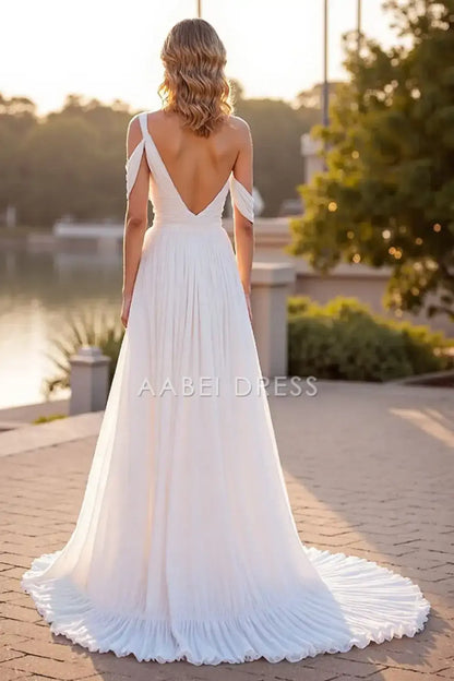 AABEI DRESS Formal Wear Dresses A Line One Shoulder Backless Pleated Boho Sweep Train Elegant Wedding Dress