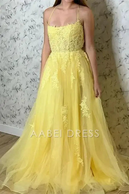 AABEI DRESS Formal Wear Dresses A Line Spaghetti Strap Backless Lace Appliqued Slit Exquisite Hot Sale Prom Dress