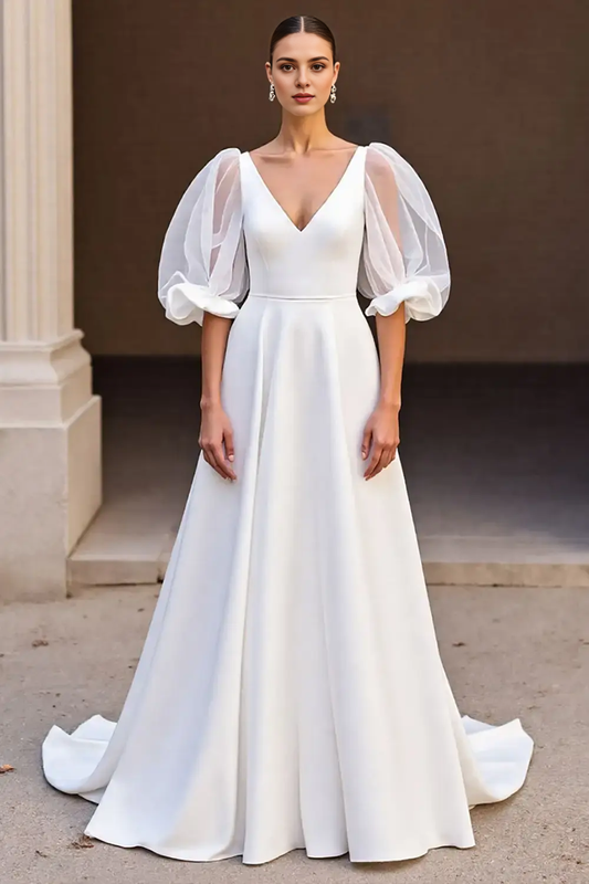 AABEI DRESS Formal Wear Dresses A Line V-Neck Half Sleeve Backless Sweep Train Exquisite Wedding Dress