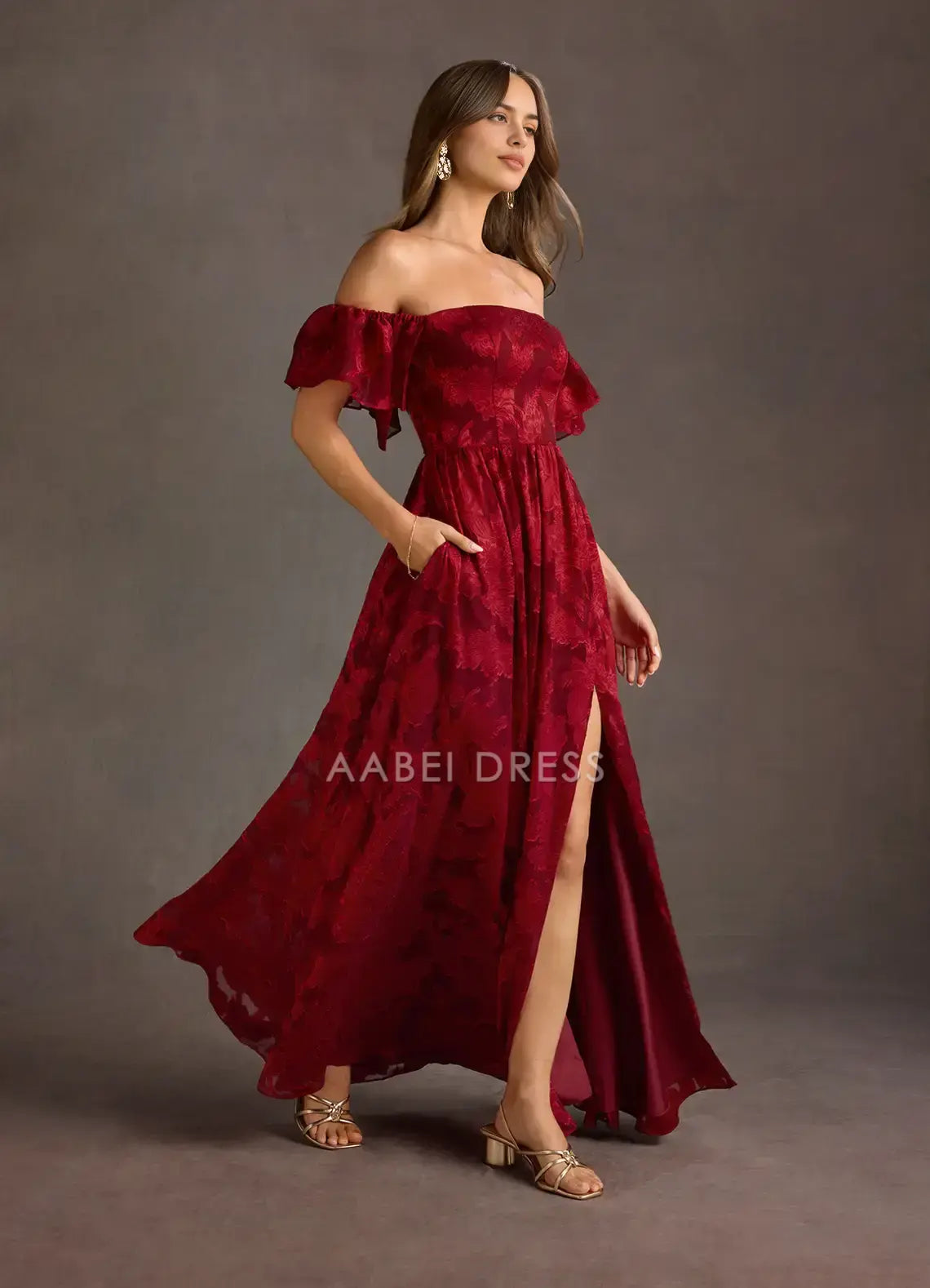 AABEI DRESS Formal Wear Dresses Beautiful Jacquard A Line Off Shoulder Puff Sleeves Side Fork Exquisite Party Dress Hot Sale Prom Dress