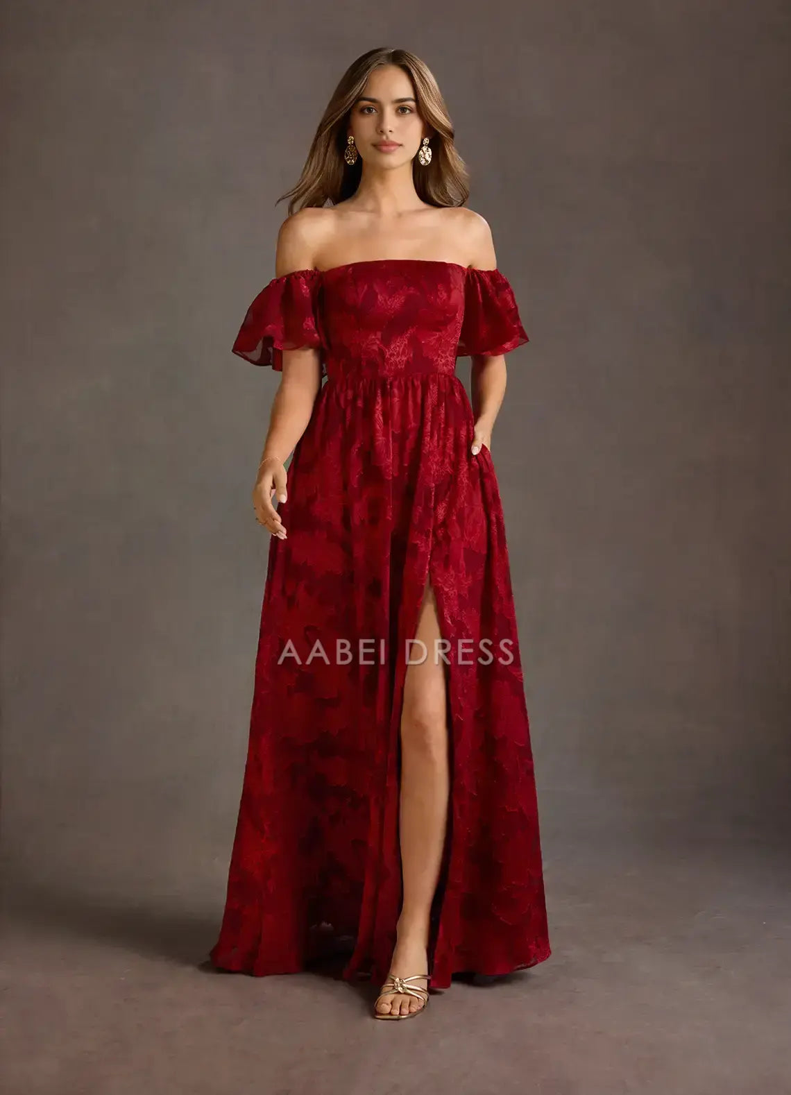 AABEI DRESS Formal Wear Dresses Beautiful Jacquard A Line Off Shoulder Puff Sleeves Side Fork Exquisite Party Dress Hot Sale Prom Dress