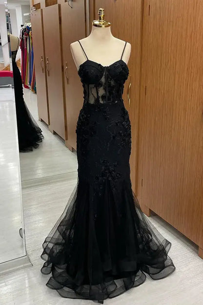 AABEI DRESS Formal Wear Dresses Black Mermaid Spaghetti Strap Sweetheart 3D Flower Appliques Exquisite Long Hot Sale Prom Dress