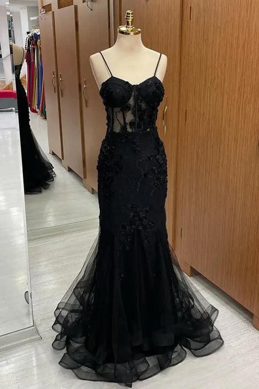 AABEI DRESS Formal Wear Dresses Black Mermaid Spaghetti Strap Sweetheart 3D Flower Appliques Exquisite Long Hot Sale Prom Dress