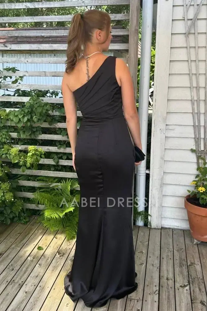 AABEI DRESS Formal Wear Dresses Black Sheath Mermaid One Shoulder Pleated with Slit Elegant Long Hot Sale Prom Dress