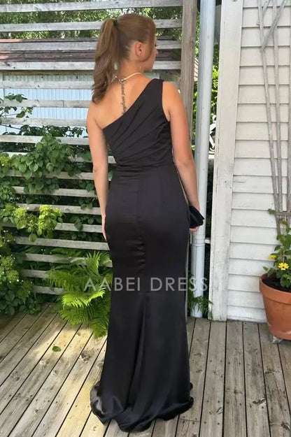 AABEI DRESS Formal Wear Dresses Black Sheath Mermaid One Shoulder Pleated with Slit Elegant Long Hot Sale Prom Dress