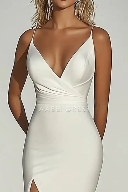 AABEI DRESS Formal Wear Dresses Elegant Mermaid Spaghetti Strap Deep V Neck Ruched With Slit Charming Long Wedding Dress
