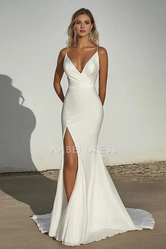 AABEI DRESS Formal Wear Dresses Elegant Mermaid Spaghetti Strap Deep V Neck Ruched With Slit Charming Long Wedding Dress