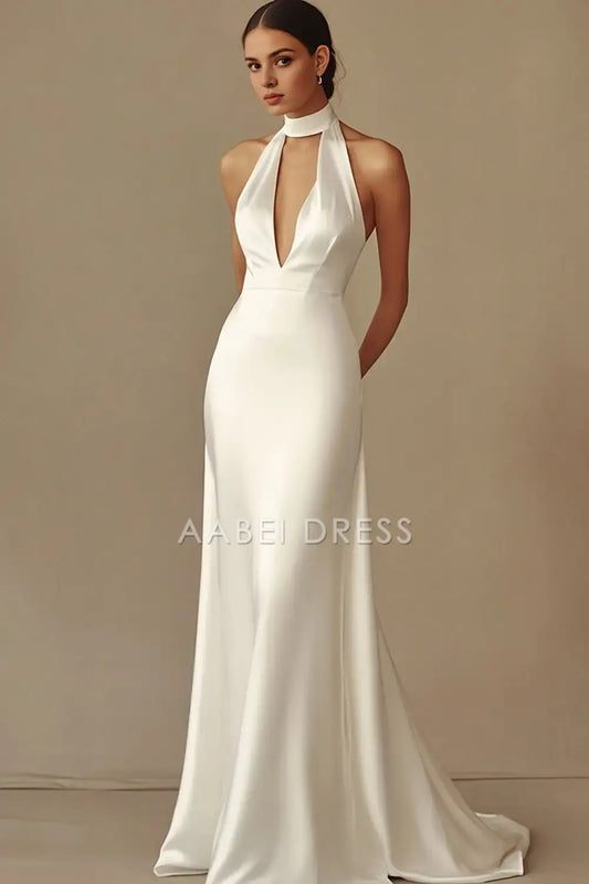 AABEI DRESS Formal Wear Dresses Elegant Sheath Halter Deep V Neck Backless Dinner Dress Charming Long Wedding Dress