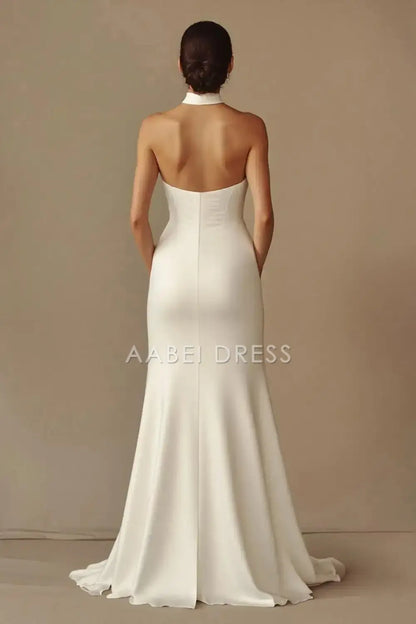 AABEI DRESS Formal Wear Dresses Elegant Sheath Halter Deep V Neck Backless Dinner Dress Charming Long Wedding Dress