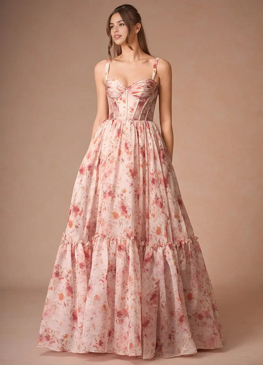 AABEI DRESS Formal Wear Dresses Floral Print A Line Sweetheart Neckline Wide Shoulder Straps Pleated Bodice Romantic Charming Party Dress Hot Sale Prom Dress