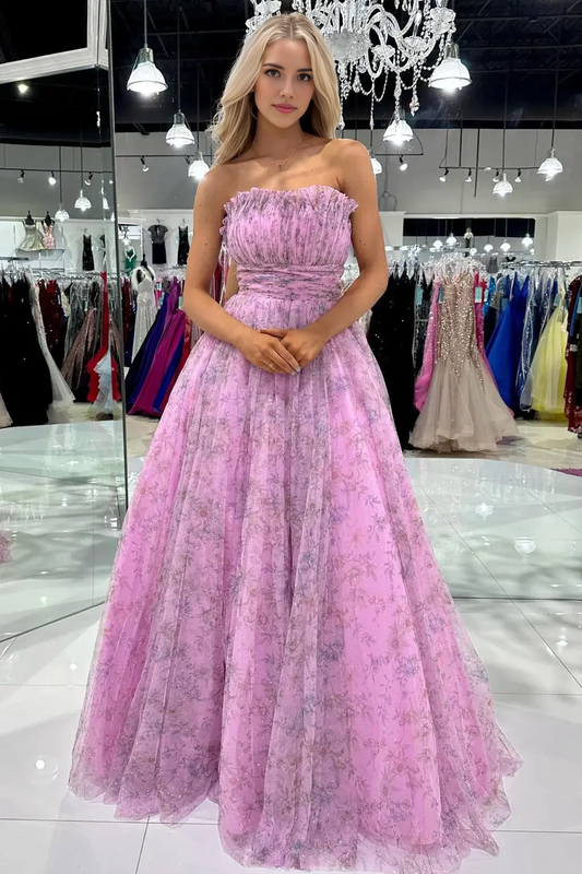 AABEI DRESS Formal Wear Dresses Gorgeous A-Line Strapless Floral Print Ruched Elegant Long Hot Sale Prom Dress