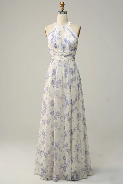 AABEI DRESS Formal Wear Dresses Gorgeous A Line Halter Sleeveless Pleated Backless Retro Floral Printing Hot Sale Prom Dress