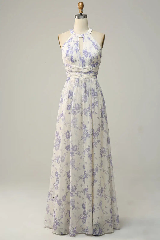 AABEI DRESS Formal Wear Dresses Gorgeous A Line Halter Sleeveless Pleated Backless Retro Floral Printing Hot Sale Prom Dress