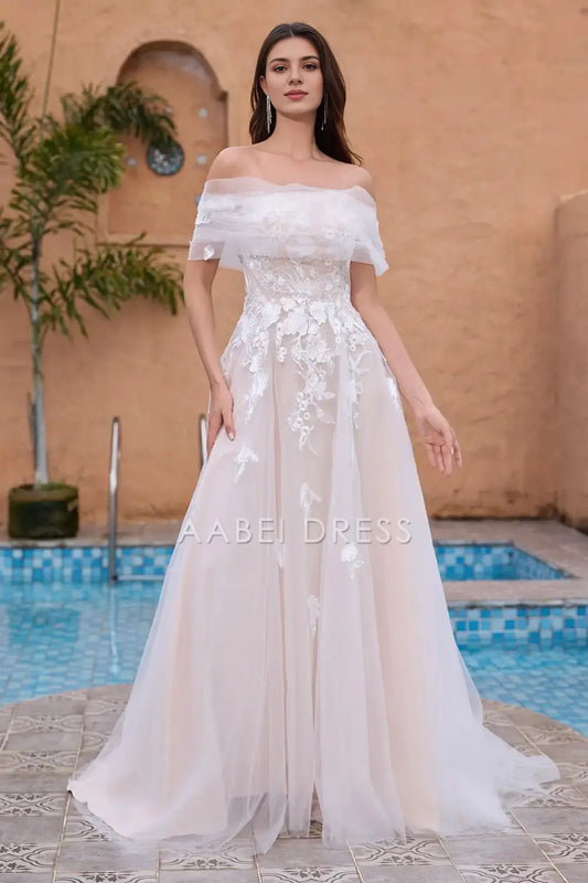 AABEI DRESS Formal Wear Dresses Gorgeous A Line Off The Shoulder Backless Tulle Lace Applique Exquisite Wedding Dress