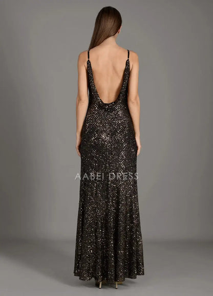 AABEI DRESS Formal Wear Dresses Sequin Sheath/Column V Neck Spaghetti Strap Backless Sparkle Party Dress Hot Sale Prom Dress