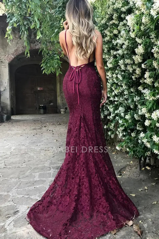 Burgundy Lace Mermaid V-Neck V-Back Floor-Length Dress