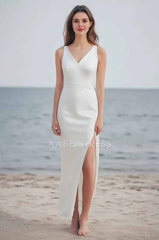 AABEI DRESS Formal Wear Dresses Sheath V Neck Sleeveless With Slit Elegant Simple Wedding Dress