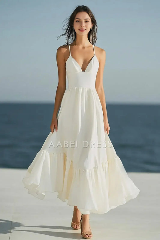 AABEI DRESS Formal Wear Dresses Simple A Line V Neck Spaghetti Straps Beach Maxi Engagement Dress Elegant Wedding Dress