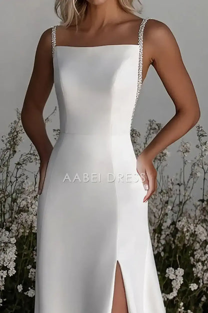 AABEI DRESS Formal Wear Dresses Simple Sheath Beadwork Spaghetti Strap Side Fork Elegant Wedding Dress