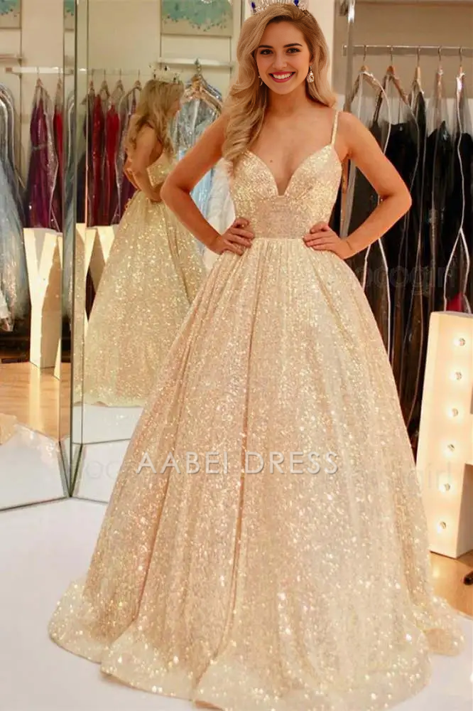 AABEI DRESS Formal Wear Dresses Sparkle A-Line V Neck Spaghetti Strap Backless Stunning Sequins Long Hot Sale Prom Dress