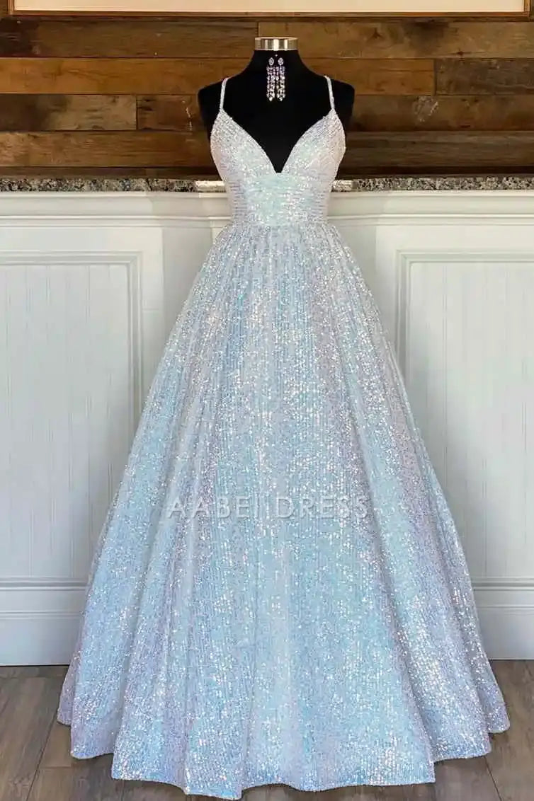 AABEI DRESS Formal Wear Dresses Sparkle A-Line V Neck Spaghetti Strap Backless Stunning Sequins Long Hot Sale Prom Dress