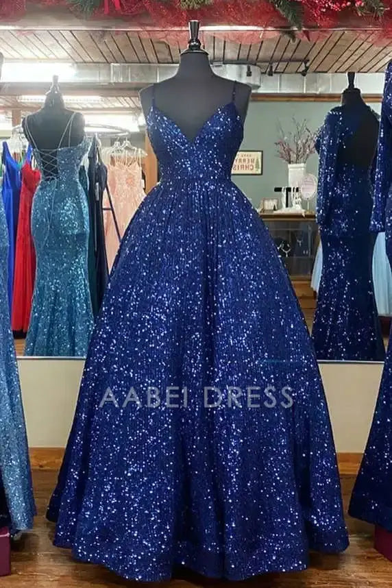 AABEI DRESS Formal Wear Dresses Sparkle A-Line V Neck Spaghetti Strap Backless Stunning Sequins Long Hot Sale Prom Dress