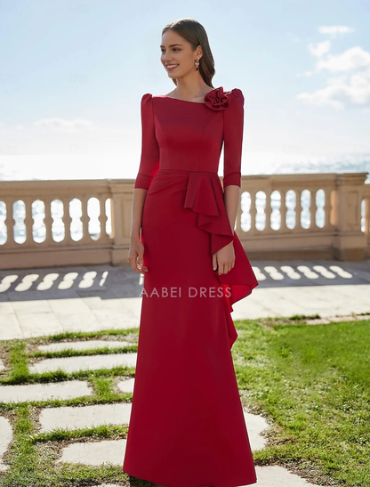 AABEI DRESS Formal Women's Dresses A-Line 3/4 Length Sleeve Boat Neck Ruffles Evening Gown Elegant Floor Length Red Prom Dress