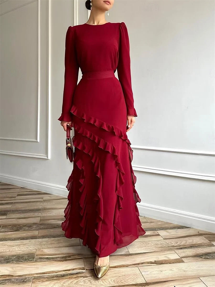 AABEI DRESS Formal Women's Dresses A-Line Long Sleeve Crew Neck Elegant Dress Floor Length with Tiers Ruffles Fashion Prom Dress
