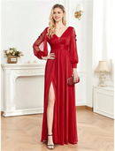 AABEI DRESS Formal Women's Dresses A-Line Long Sleeve V Neck Elegant V Back with Pleats Slit Floor Length Sparkle Red Prom Dress