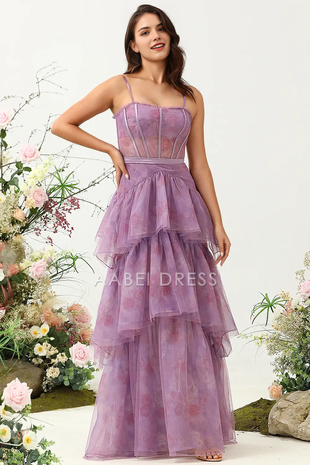 AABEI DRESS Formal Women's Dresses A Line Spaghetti Strap Corset Tiers Ruched Printed Exquisite Retro Long Prom Dress